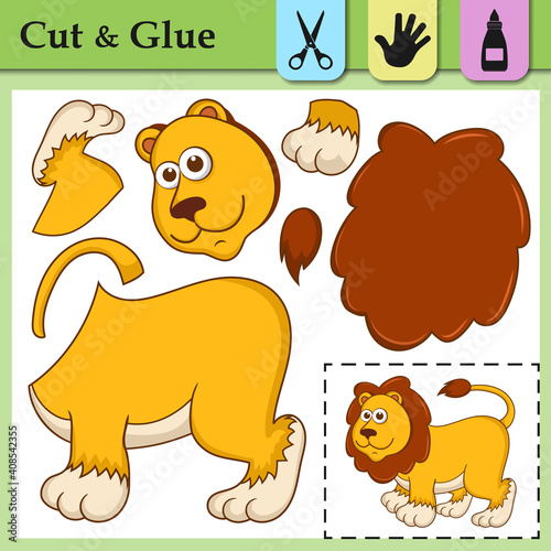 Paper game for kids. Create the applique cute Lion. Cut and glue. African animal. Education logic game for preschool kids. Worksheet activity perfect for scissor practice, fine motor,cutting skills