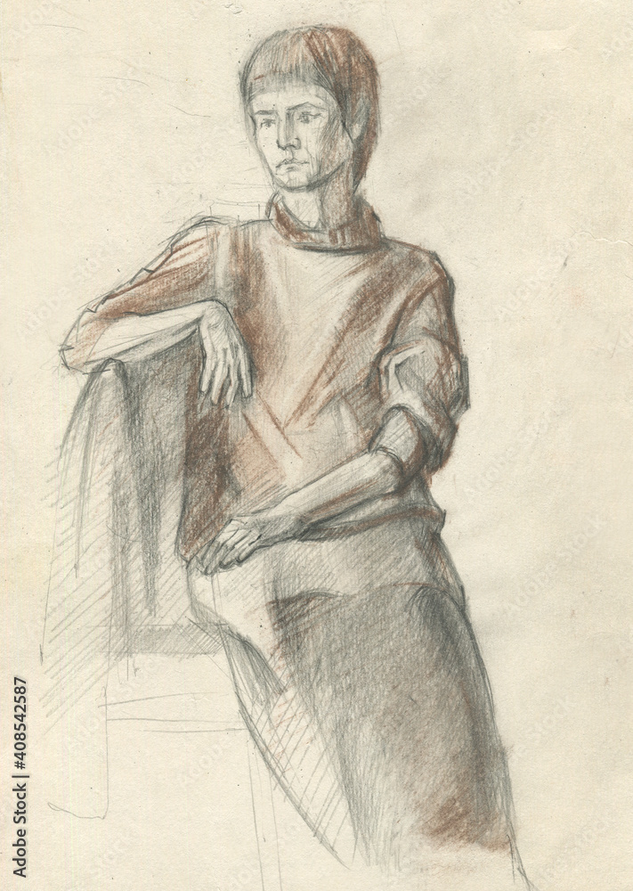 Fototapeta premium seated woman in graphic etude technique