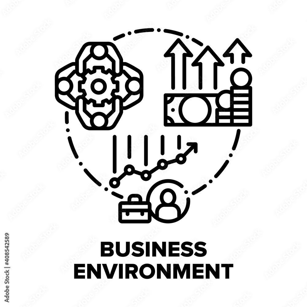 Business Environment Team Vector Icon Concept. Office Business Environment And Teamwork, Growth Money Profit And Financial Management, Brainstorming And Solution Black Illustration