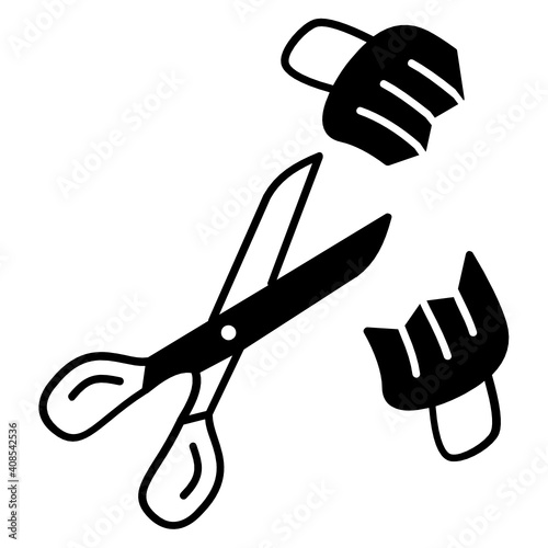 Cut mask before disposing concept, Victory Over Coronavirus Vector Glyph Icon Design, Scissors cutting a surgical face mask against coronavirus disease on white background.