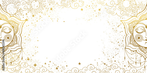 Foto White magic background with sleeping golden sun with face, space decor with copy space and stars