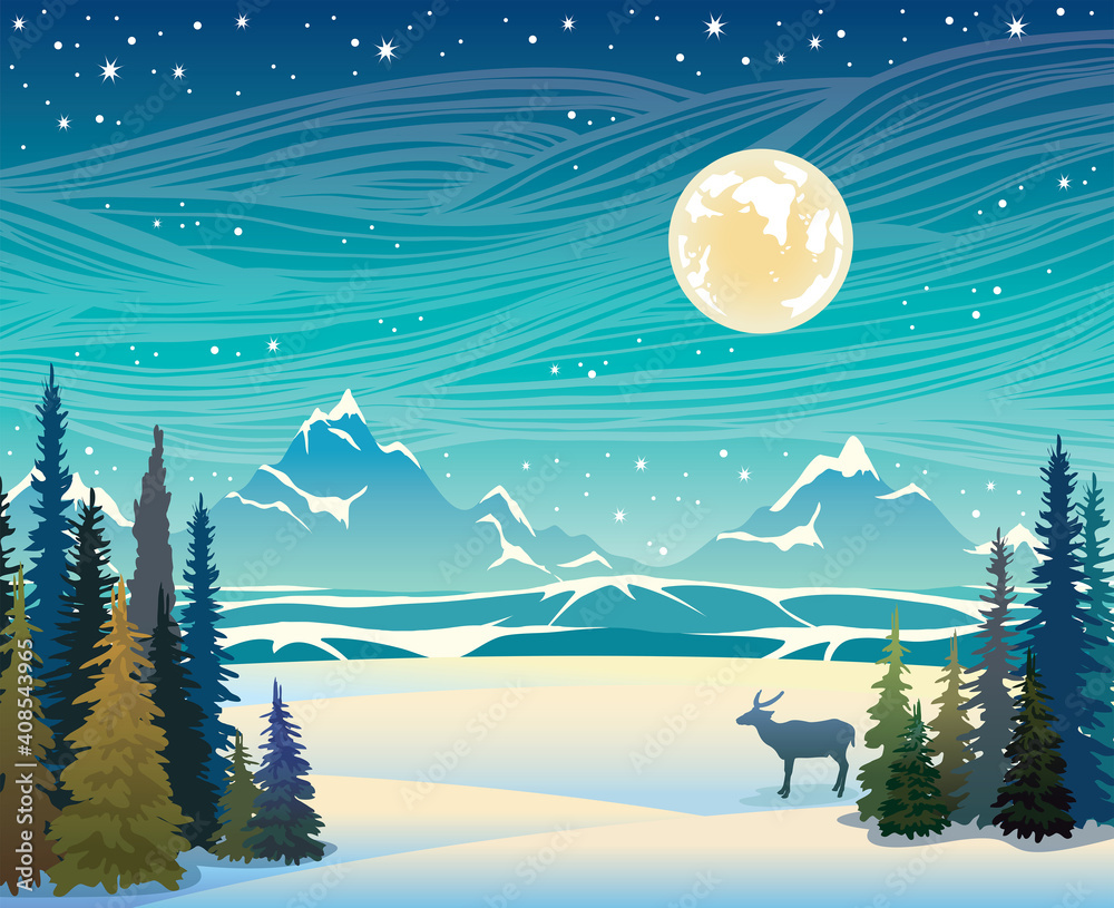 Naklejka premium Winter landscape - mountains, forest, deer and night starry sky.