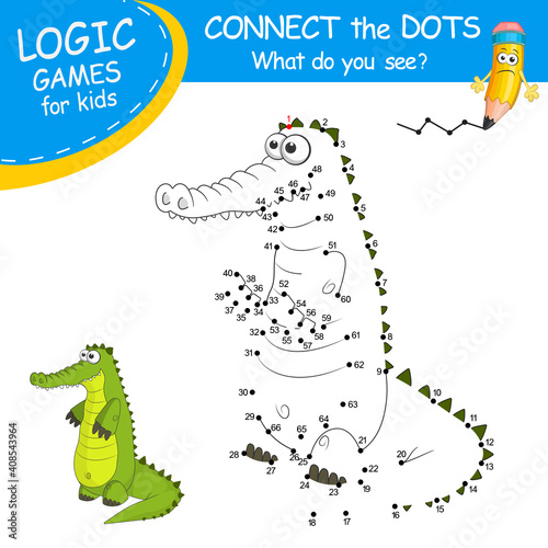 Connect the dots by numbers to draw the Alligator. Dot to dot Education Game and Coloring Page with cartoon cute Horse character. Logic Games with answer. Education card learning counting number.