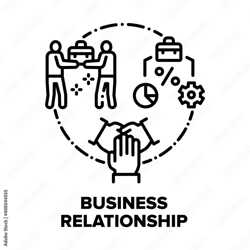 Business Relationship Team Vector Icon Concept. Colleagues Relationship And Teamwork, Analyzing Work Process And Profit, Company Corporate Greeting Communication Black Illustration
