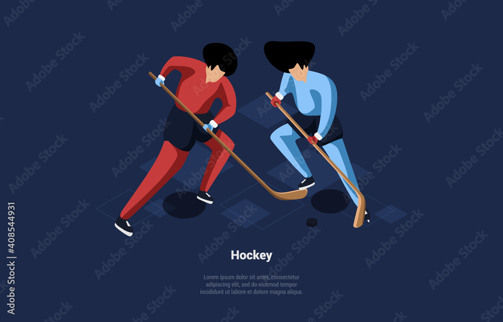 Obraz premium Vector Illustration In Cartoon 3D Style. Isometric Composition On Dark Background With Writing. Two Male Characters In Red And Blue Uniform Playing Hockey. People Training For Active Winter Sport Game