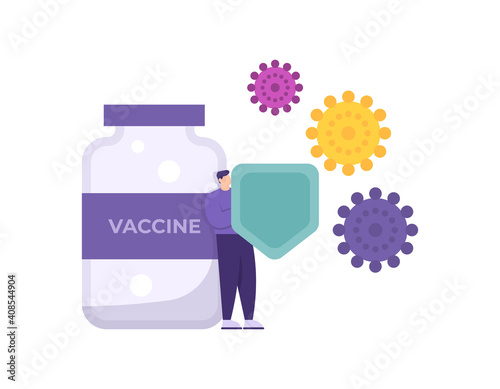a concept of drug against viruses or protection from disease. illustration of a man using a vaccine and a shield to protect himself from the corona virus or covid 19. flat style. vector design element