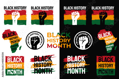 Black History Month. African American History. Celebrated annual. In February in United States and Canada. lables on dark and light backgrounds