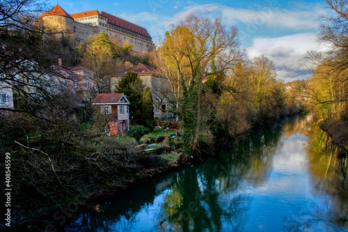 a castle on top of a river photo