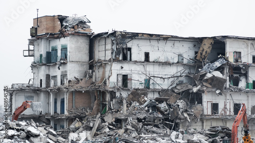 Panoramic view of the demolished old industrial building in Moscow on a gloomy cloudy winter day