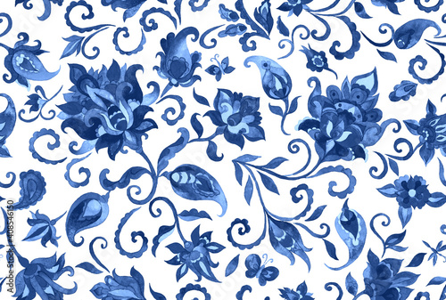 Paisley watercolor floral pattern tile: flowers, flores, tulips, leaves. Oriental indian traditional hand painted water color whimsical seamless print, ceramic design. Abstract india batik background