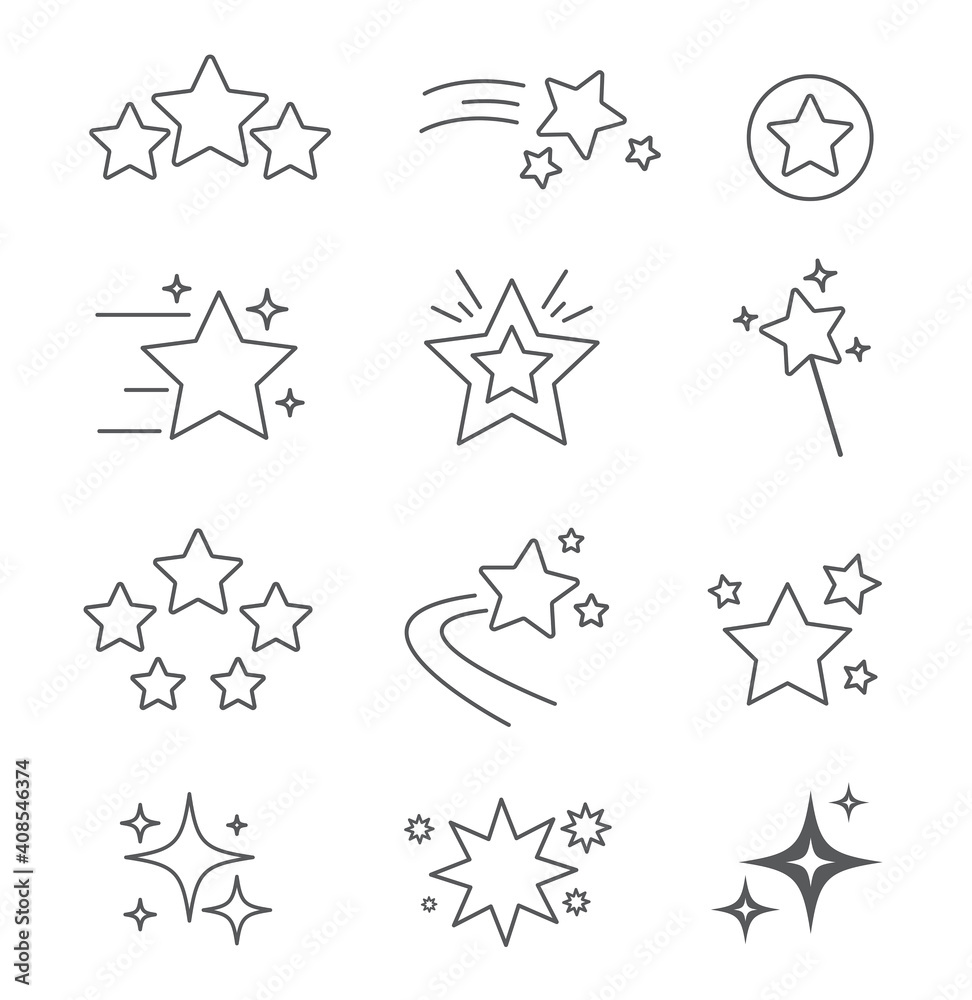 Obraz premium Set of star icons. Falling star, Sparkles, shining burst, twinkling, glitter. Stars flat line icons for website and mobile apps. Vector illustration
