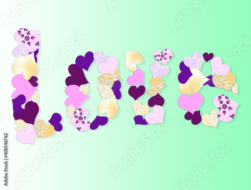 Decorative background with flowers and hearts. Collection of holiday posters. The theme of love and romance. It can be used for wallpaper, postcards, pattern fills, surface textures, fabric prints.