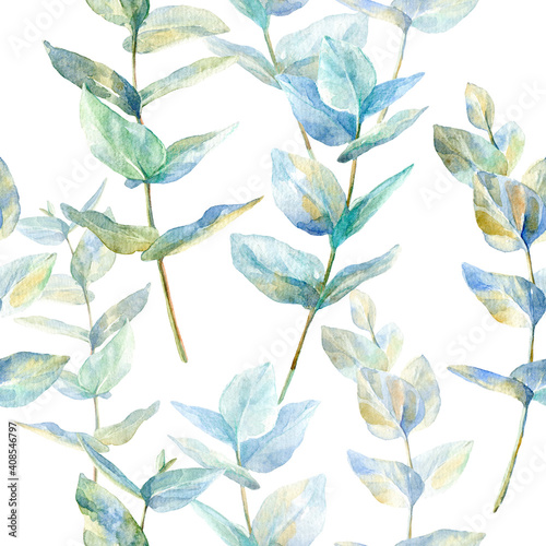 Floral seamless pattern.Eucalyptus branches.Pattern for fabric, paper and other printing and web projects.Watercolor hand drawn illustration. 