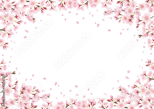 一面の桜、桜並木を見上げる風景イラスト 飾り、フレーム、周りに装飾（横長 A3・A4比率）