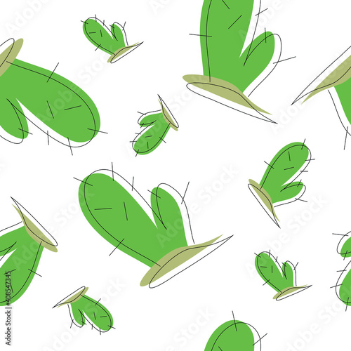 Abstract cactuses on sandy island scattered on white background. Seamless pattern. Flat, simple and minimal. Great for wrapping, packaging, design for kids, interior or any other. Muted colors.