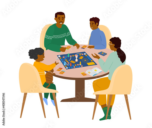 African American Family Sitting At Table Playing Board Game At Home Vector Illustration. Isolated On White.