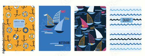 Set of cover page vector templates with sailing boats, anchors, lifesavers, waves. Based on seamless patterns. Headers isolated and replaceable. Perfect for school notebooks, diaries