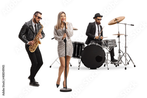 Photography Music band of  drummer, sax player and a female singer