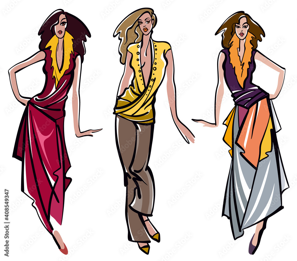 Collection of vector fashion illustration of attractive model girls, in warm brown, orange, yellow and red colors.