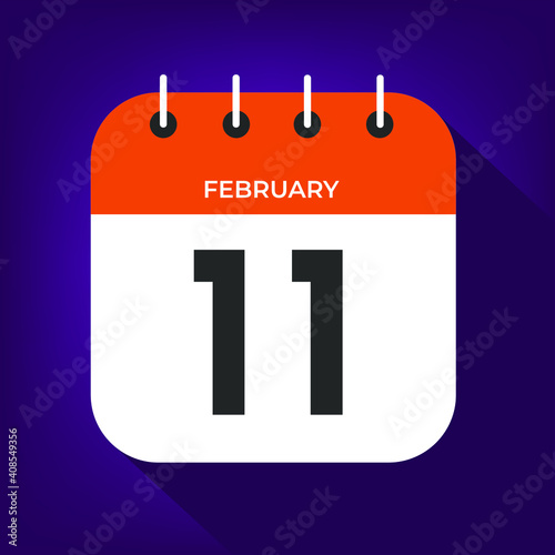 February day 11. Number eleven on a white paper with orange color border on purple background vector.