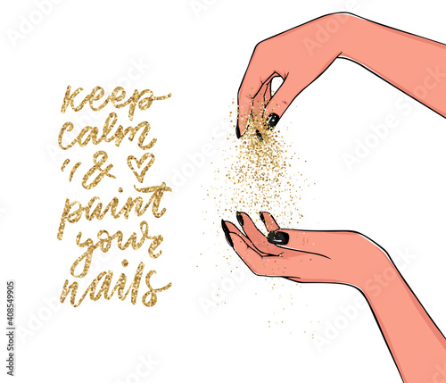 Vector Beautiful woman hands with pink nail polish. Handwritten lettering about nails.