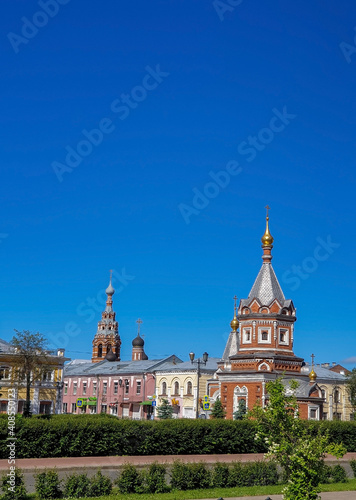 The historical center of Yaroslavl. Sunny day. 19th century buildings. Alexander Nevsky Chapel