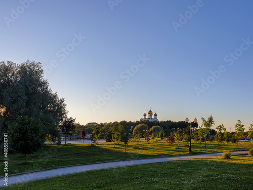 Summer evening. Volga embankment is the pearl of Yaroslavl. Park on the Arrow