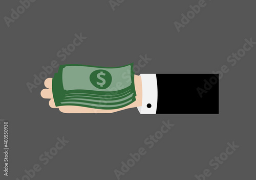 Cash in business man hand to pay corruption deal vector isolated on gray background