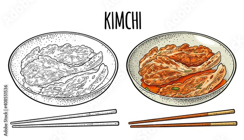 Photography Korean food kimchi on plate with chopsticks
