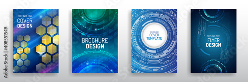 Blue layout futuristic brochures, flyers, placards. Contemporary science and digital technology concept. Vector template for brochure or cover with hi-tech elements background.