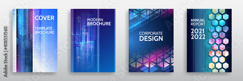 Vector template for brochure or cover with hi-tech elements background. Blue layout futuristic brochures, flyers, placards. Contemporary science and digital technology concept.