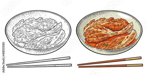 Korean food kimchi on plate with chopsticks. Vintage color vector engraving