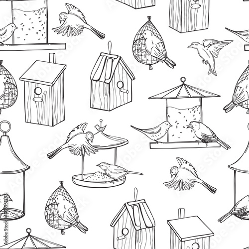 Bird feeders, birdhouses and birds. Vector   pattern.