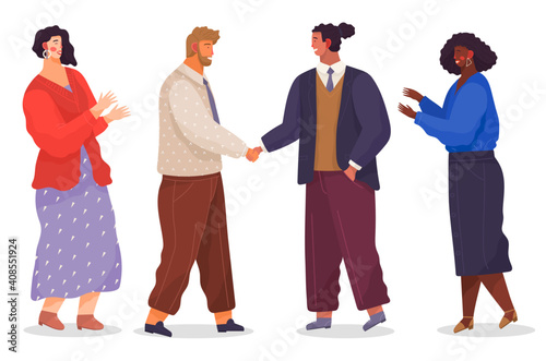 Handshake of two partners, successful deal, contract, office workers shaking hands, women clapping hands, congratulate with agreement, contract, teamwork, partnership, colleagues handshaking