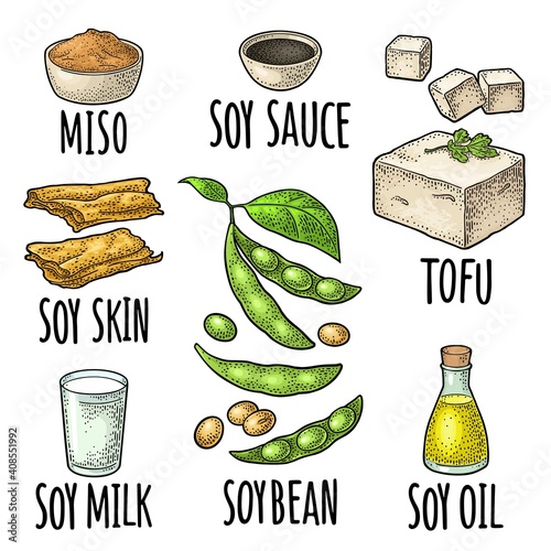 Soy food set. Miso, tofu skin, soybean, sauce