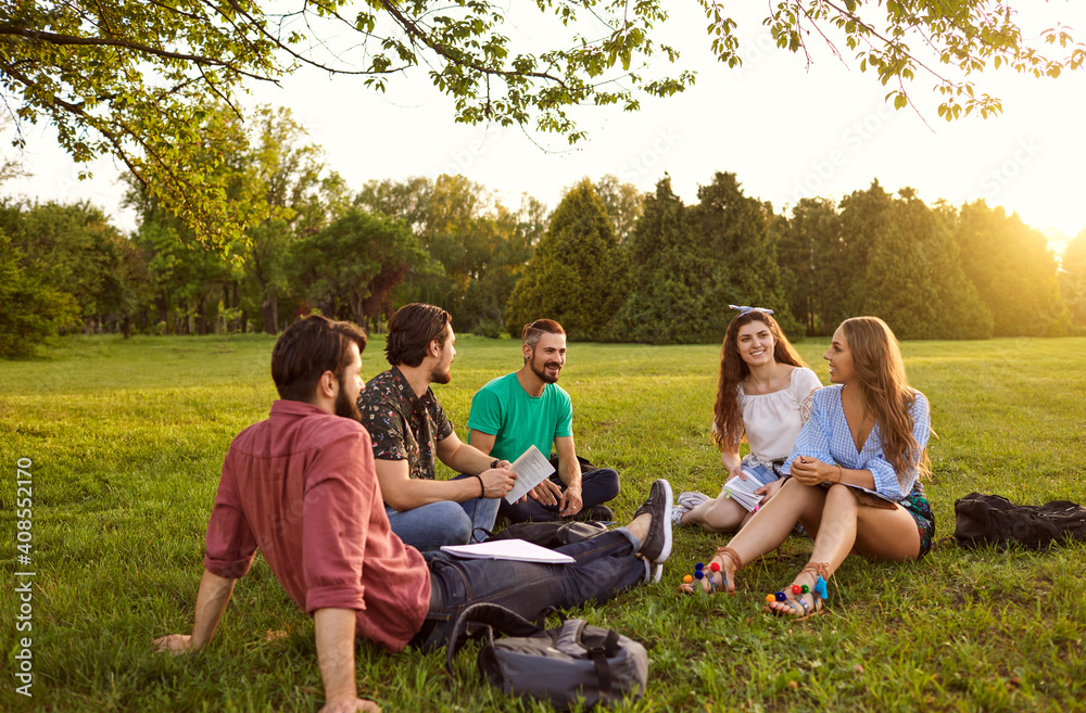 A group of young people students communicate sitting on the grass in a summer park. Friends relax in their free time. A group of young people students communicate sitting on the grass in a summer park. Friends relax in their free time.