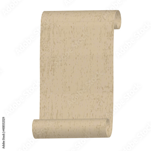 Old rolled paper manuscript or papyrus scroll vertically oriented, Vintage grunge rolled parchment illustration natural paper texture