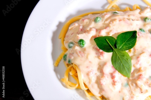 Massa bolonhesa dos espaguetes com molho de tomate, filé de carne, filé frango, vegetais, legumes e carne triturada. photo