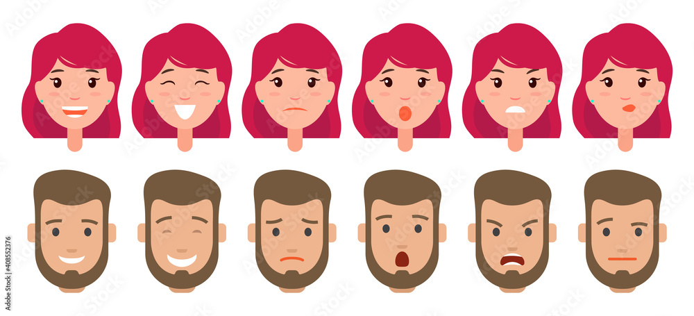 Collection of female and male heads with different emotions. Pretty young girl with pink short hairstyle. Bearded young guy. Young woman and man smiling, happy, sad, surprised, angry, confused Collection of female and male heads with different emotions. Pretty young girl with pink short hairstyle. Bearded young guy. Young woman and man smiling, happy, sad, surprised, angry, confused