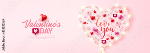 Happy Valentine's Day Poster or banner with symbol of heart from LED String lights and valentine elements on pink background. Promotion and shopping template for love and Valentine's day concept.