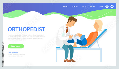 Orthopedic treatment web banner or landing page template. Patient with injured leg on a consultation with a doctor. Orthopedist puts a bandage on the knee of a woman. Medical ward in the hospital