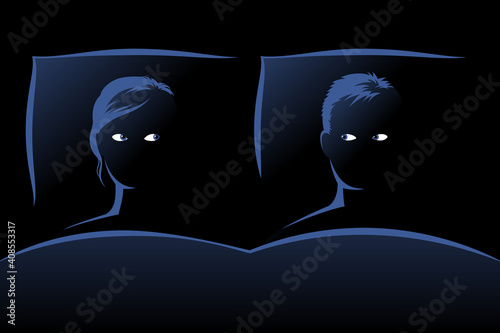 Man and woman are lying on bed at deep night and looking at each other
