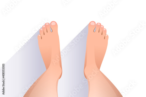 Legs of woman over white background, top view of feet