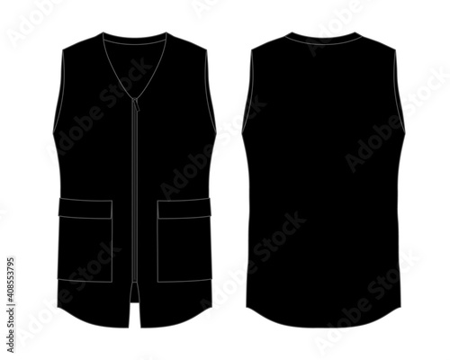 Black Hairdresser Vest With Two Pockets Template Vector.Front and Back Views.