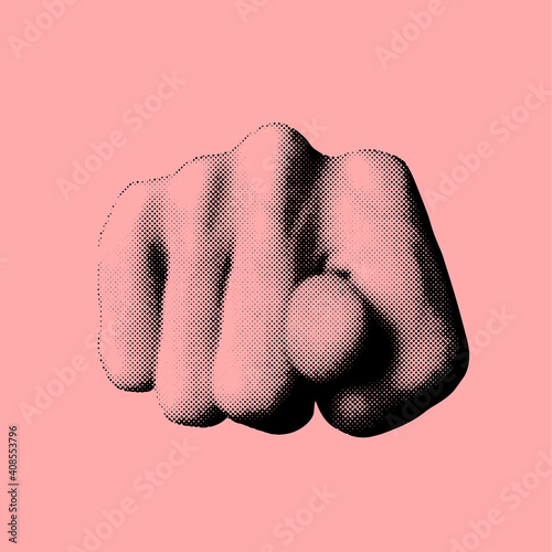 Abstract hand gesture vector shape illustration with thumb finger between index and middle finger combination made from small round black dots in pink background with copy space