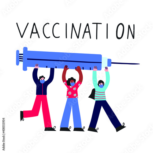 vector illustration - concept of vaccine and vaccination against coronavirus.Group of people carry a syringe.Fighting the virus. Doctors and nurses protect.Isolated on white back - Flat style 2021