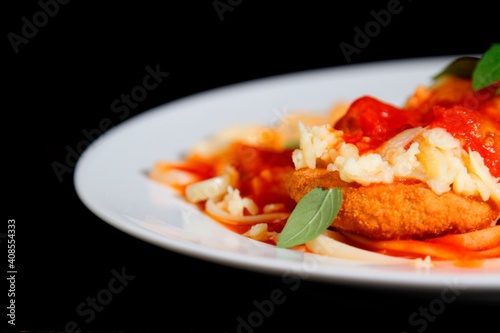 Massa bolonhesa dos espaguetes com molho de tomate, filé de carne, filé frango, vegetais, legumes e carne triturada. photo