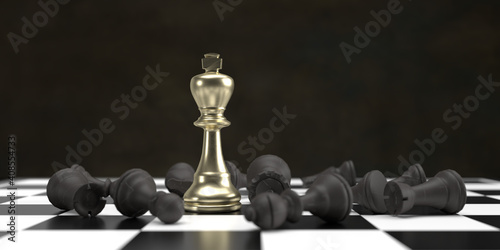 Leader winner success business concept in 3D rendering  Illustration of golden king chess in the middle with overthrow black mat pawn pieces on game board with black background