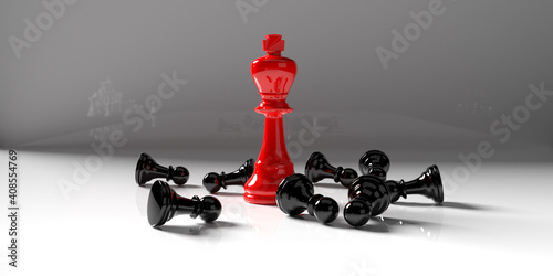 Foto Leader winner success business concept in 3D rendering concept:  Illustration of red king chess in the middle with overthrow black pawn pieces
