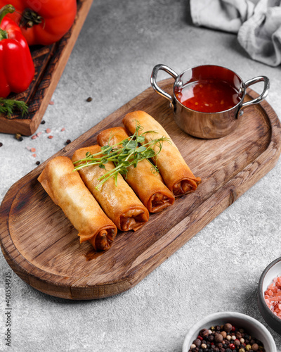 popato rolls  with vegetables and microgreen photo